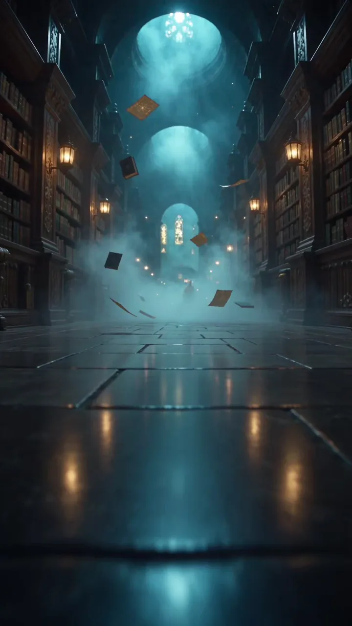 A teal-lit corridor inside the Lucidian Library